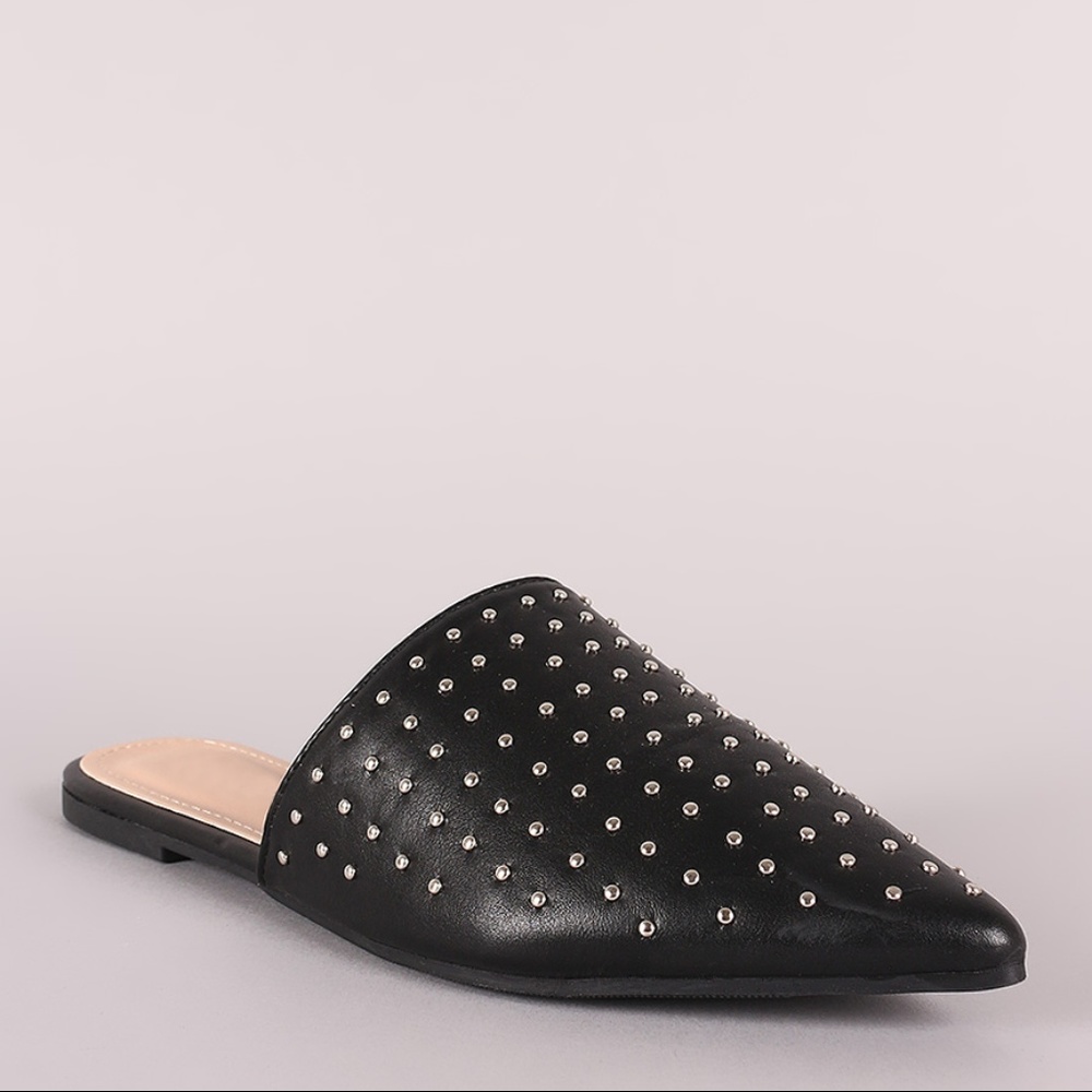 Studded Vegan Leather Pointy Toe Mule Flats Black - Picture 3 of 5